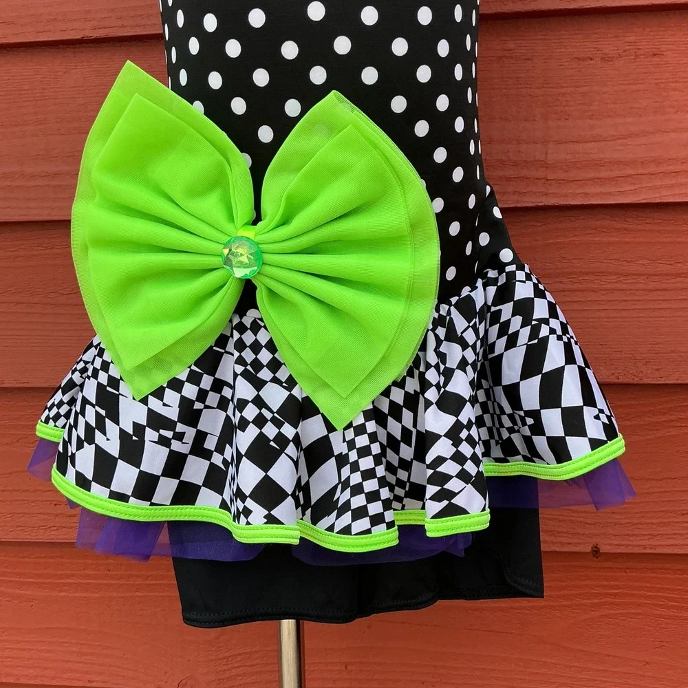 Weissman Dance Leotard Kids SA Black White Polka Dot Checkered Ruffle Costume